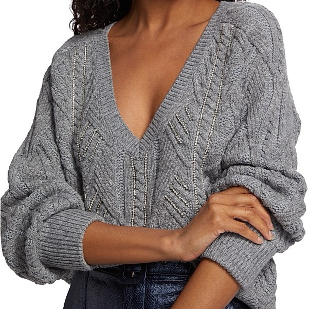 Dynamite Gray V-Neck Cable Knit Sweater with Bead Accents